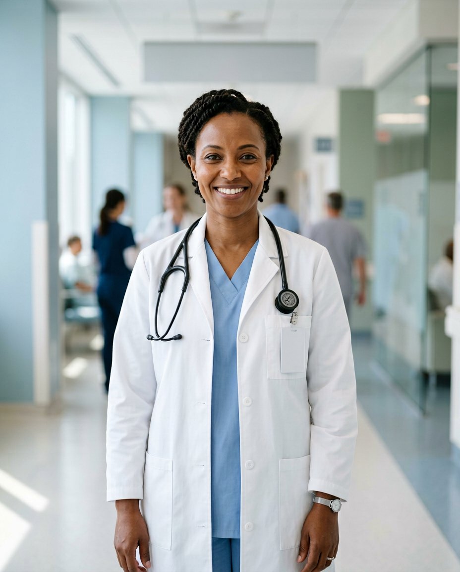 AI-generated illustrative portrait of an African woman doctor; not Kisubi Hospital staff